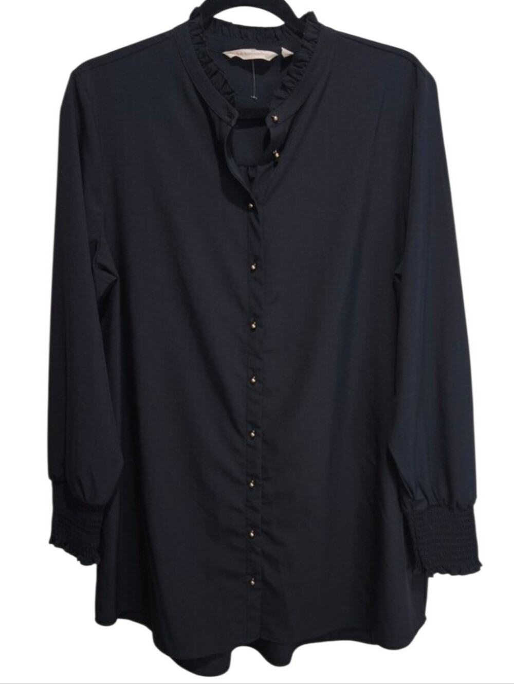 Soft Surroundings Blouse Womens Size Large Black Button Front Ruffle Tunic Top